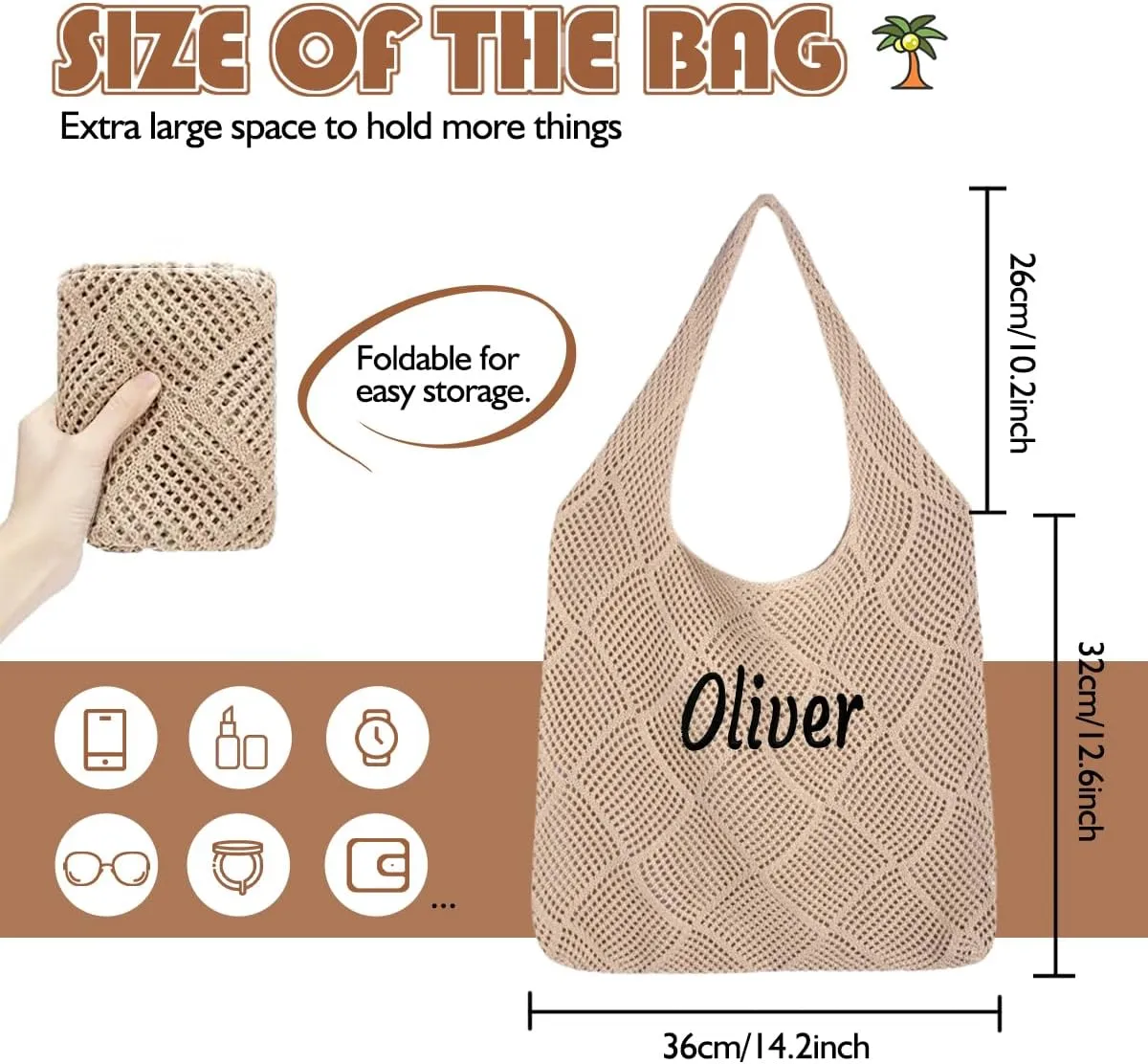 Ulico Personalized Straw Beach Bags for Women, Large Tote Bag with Embroidered Name， Lightweight Foldable Shoulder Bag
