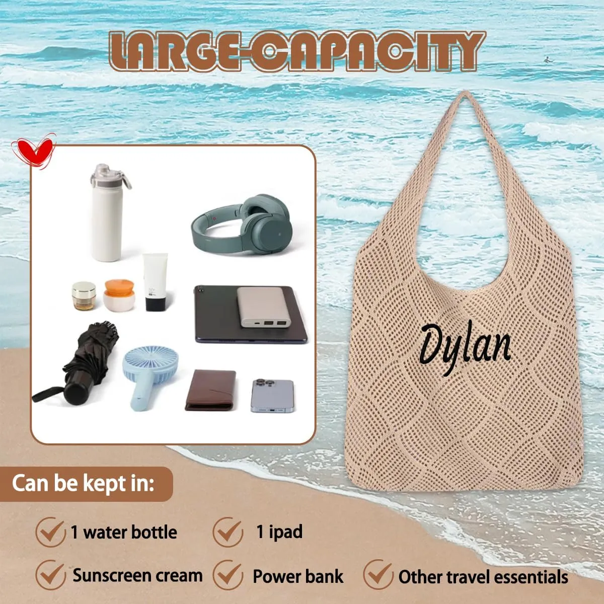 Ulico Personalized Straw Beach Bags for Women, Large Tote Bag with Embroidered Name， Lightweight Foldable Shoulder Bag