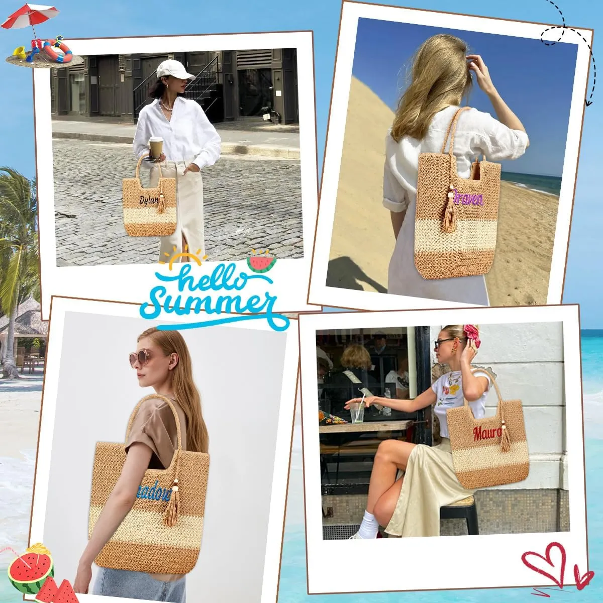 Ulico Personalized Straw Beach Bags for Women, Large Tote Bag with Embroidered Name， Lightweight Foldable Shoulder Bag