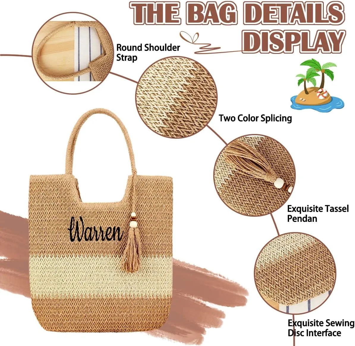 Ulico Personalized Straw Beach Bags for Women, Large Tote Bag with Embroidered Name， Lightweight Foldable Shoulder Bag