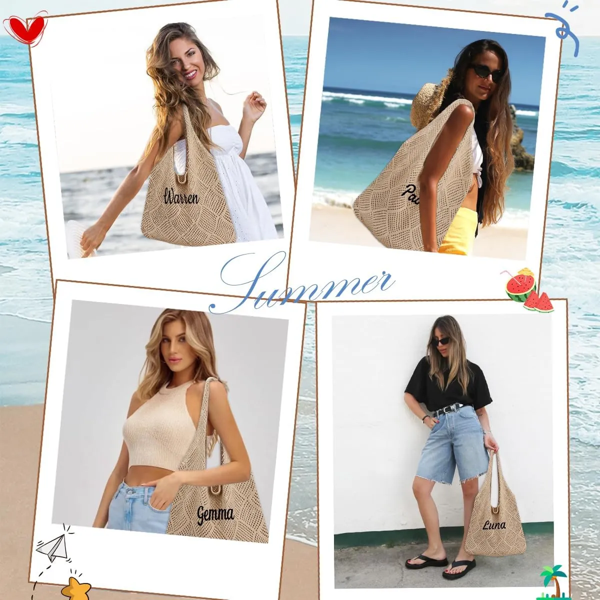 Ulico Personalized Straw Beach Bags for Women, Large Tote Bag with Embroidered Name， Lightweight Foldable Shoulder Bag