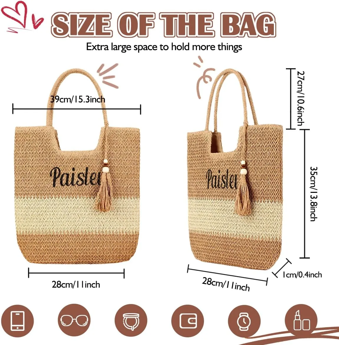 Ulico Personalized Straw Beach Bags for Women, Large Tote Bag with Embroidered Name， Lightweight Foldable Shoulder Bag