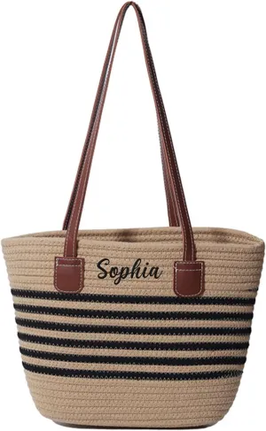 Ulico Personalized Straw Beach Bags for Women, Large Tote Bag with Embroidered Name， Lightweight Foldable Shoulder Bag