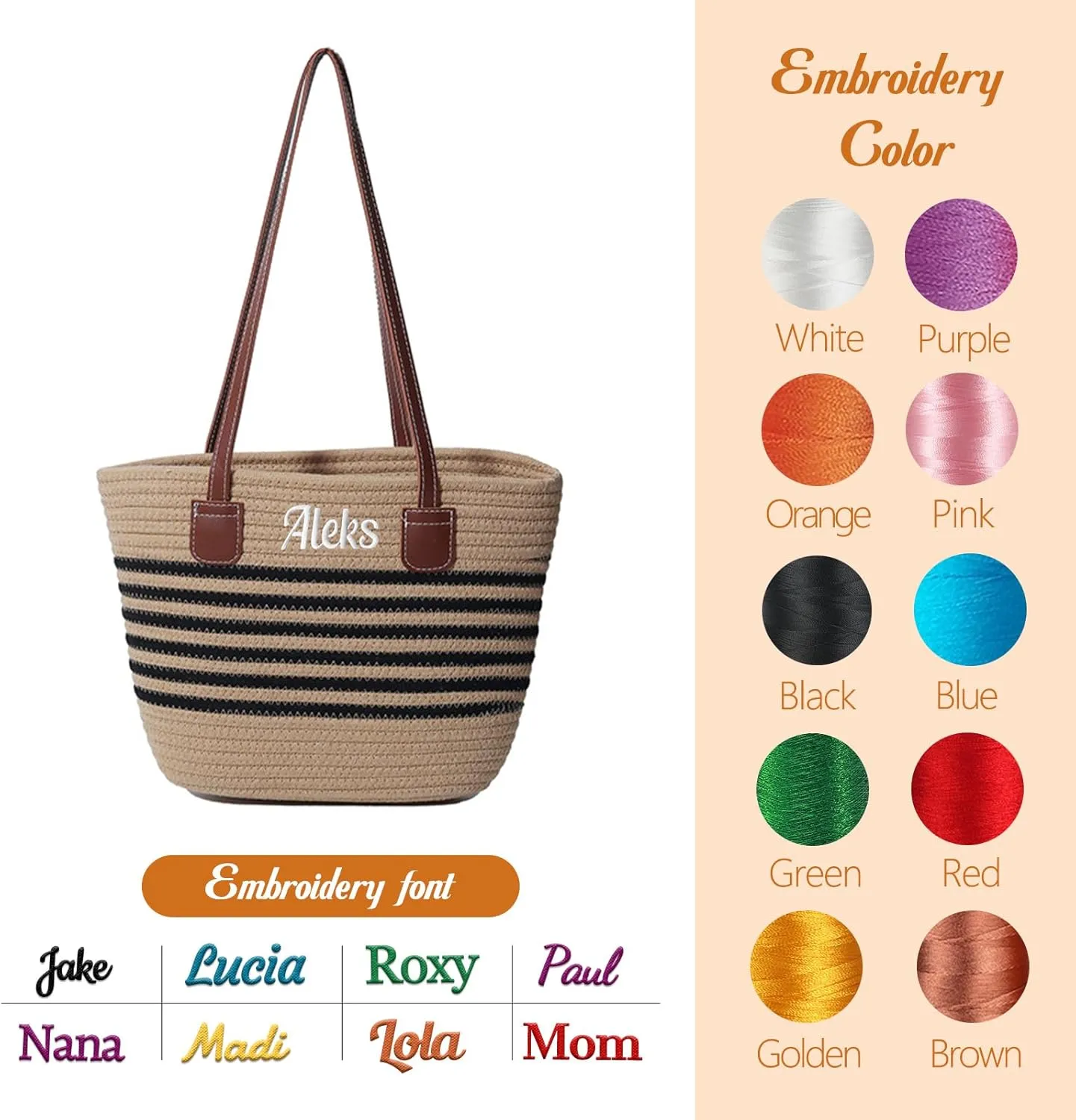 Ulico Personalized Straw Beach Bags for Women, Large Tote Bag with Embroidered Name， Lightweight Foldable Shoulder Bag