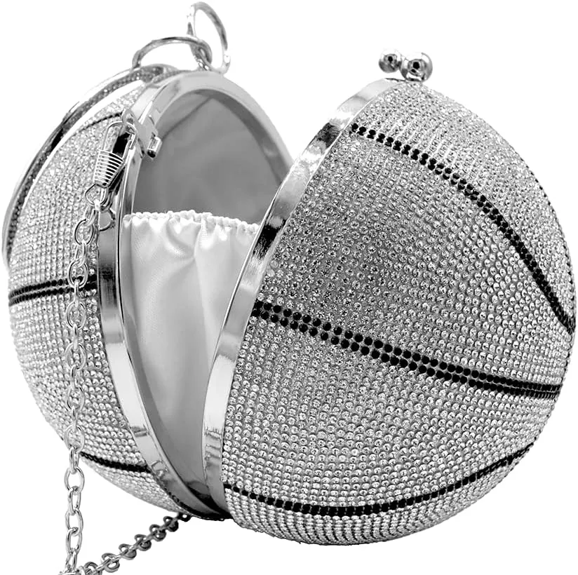 UMREN Women Basketball Shaped Cross Body Purse Rhinestone Round Ball Crystal Evening Bag Clutch Handbag for Wedding Party