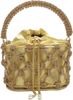 UMREN Women Rhinestone Evening Clutch Sparkly Top-Handle Bucket Bag Crystal Handbag Crossbody Bag for Cocktail Party Prom
