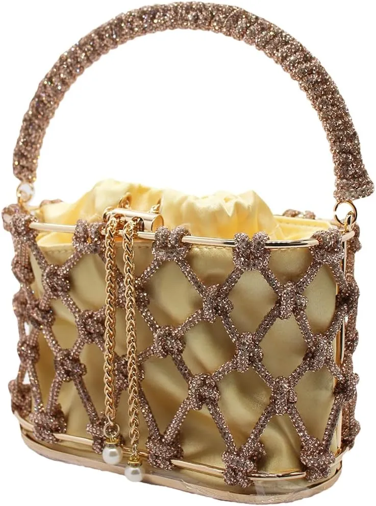 UMREN Women Rhinestone Evening Clutch Sparkly Top-Handle Bucket Bag Crystal Handbag Crossbody Bag for Cocktail Party Prom