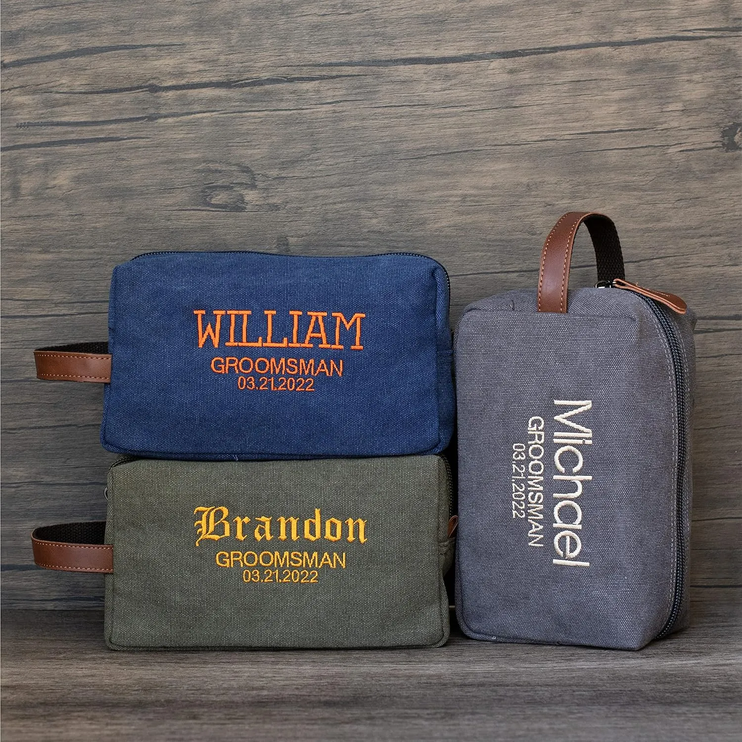 UNITED CRAFT SUPPLIES Groomsmen Gifts Set of 3, Embroidered - Personalized Toiletry Bags w/Name & Title, Travel Toiletry Bag for Men, 8 Thread Colors, Groomsmen Proposal - Blue