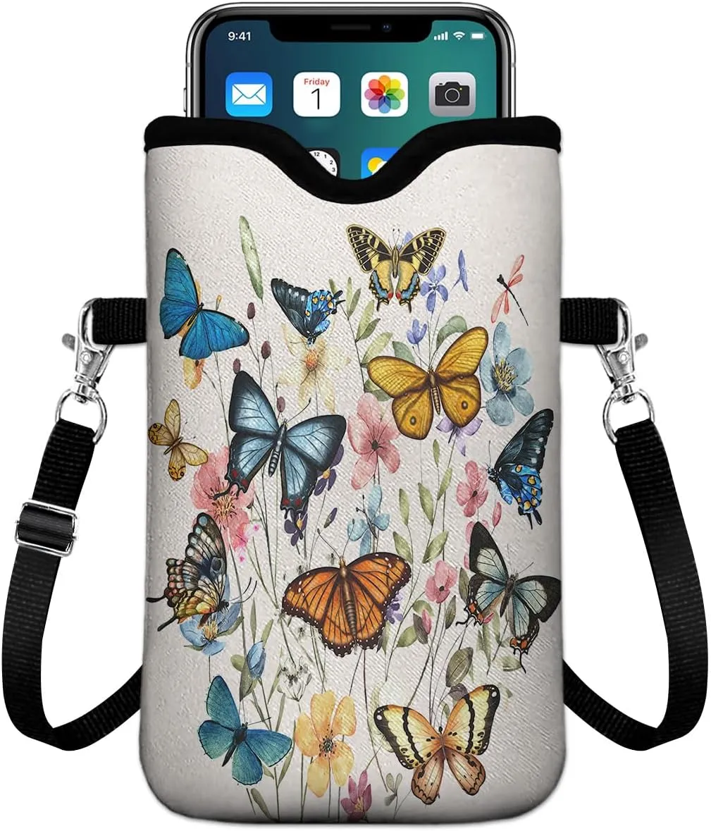 Universal Phone Sleeve Pouch with Crossbody Strap 7.6 X 4.3 Inches Shockproof Water Resistant Mobile Protection Bag-Butterfly Wildflower Neoprene Phone Pouch Bag