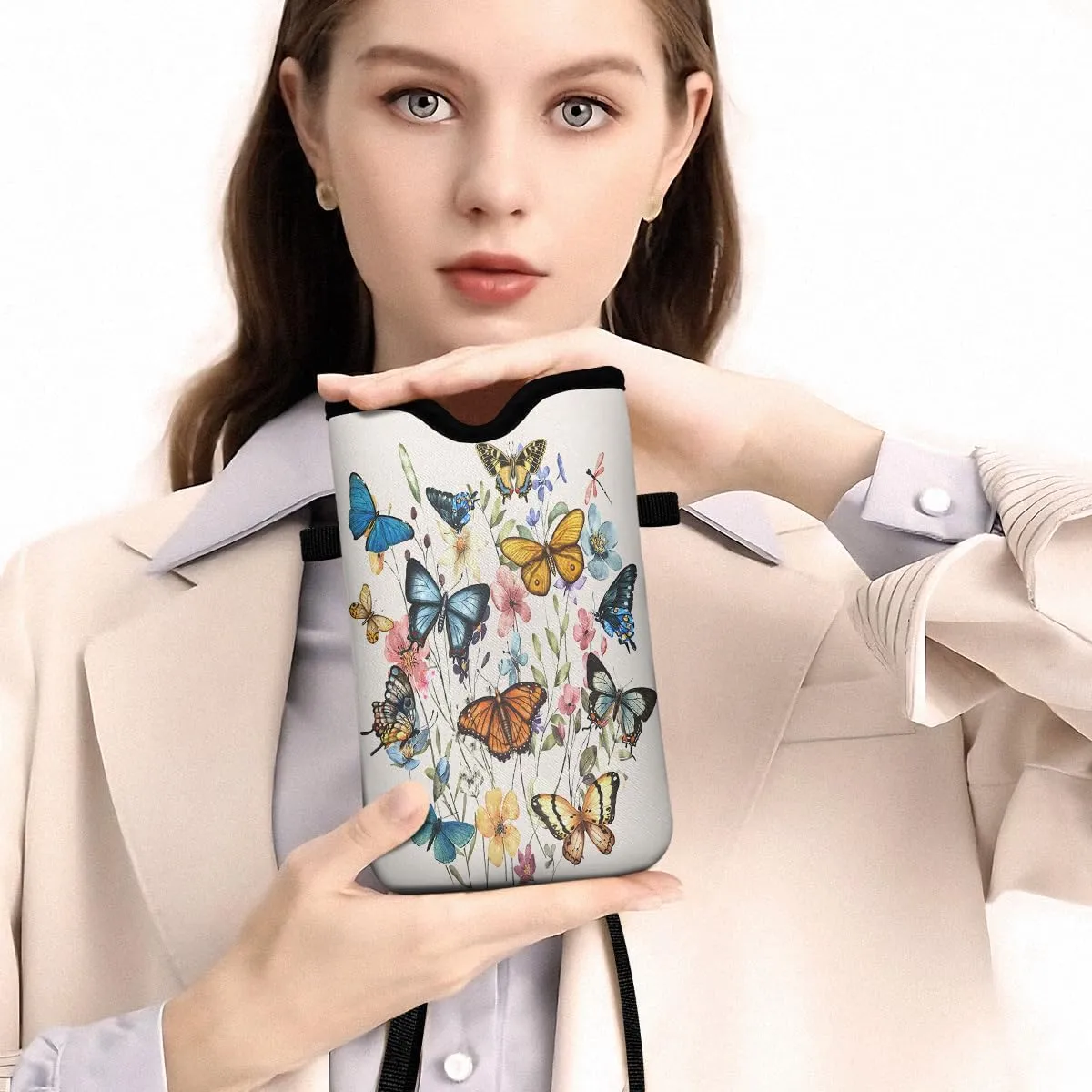Universal Phone Sleeve Pouch with Crossbody Strap 7.6 X 4.3 Inches Shockproof Water Resistant Mobile Protection Bag-Butterfly Wildflower Neoprene Phone Pouch Bag