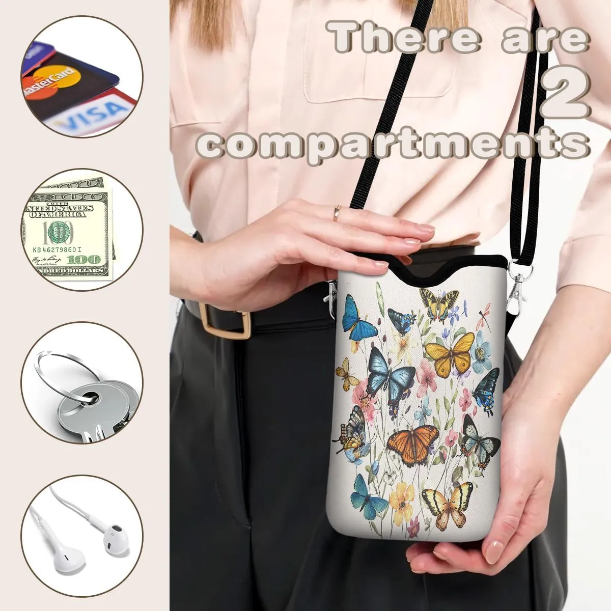 Universal Phone Sleeve Pouch with Crossbody Strap 7.6 X 4.3 Inches Shockproof Water Resistant Mobile Protection Bag-Butterfly Wildflower Neoprene Phone Pouch Bag