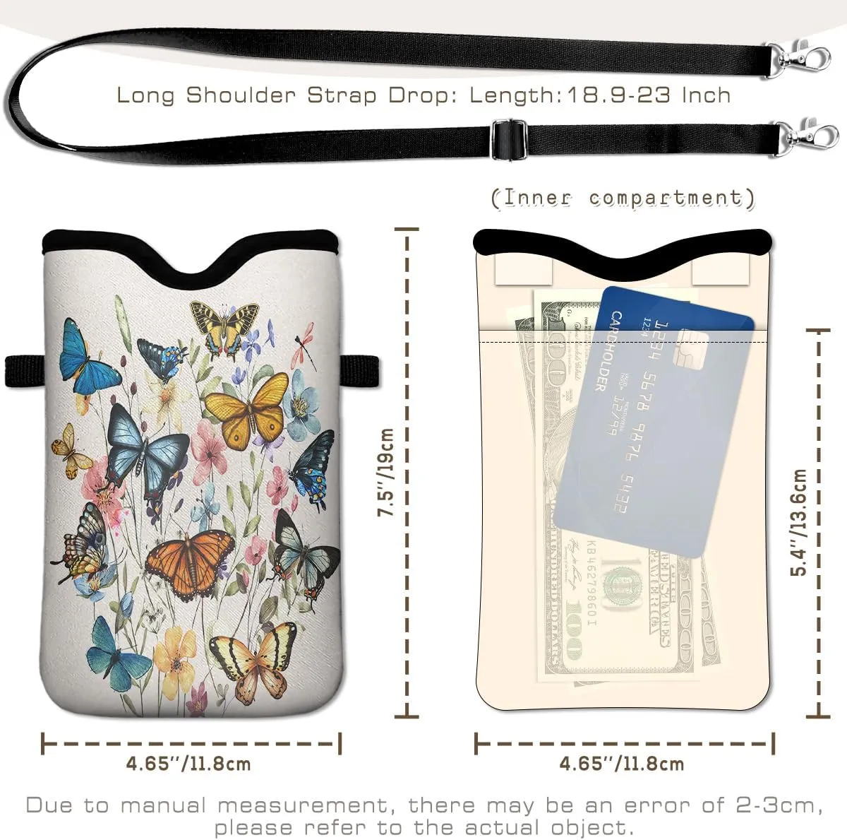 Universal Phone Sleeve Pouch with Crossbody Strap 7.6 X 4.3 Inches Shockproof Water Resistant Mobile Protection Bag-Butterfly Wildflower Neoprene Phone Pouch Bag