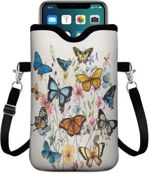 Universal Phone Sleeve Pouch with Crossbody Strap 7.6 X 4.3 Inches Shockproof Water Resistant Mobile Protection Bag-Butterfly Wildflower Neoprene Phone Pouch Bag