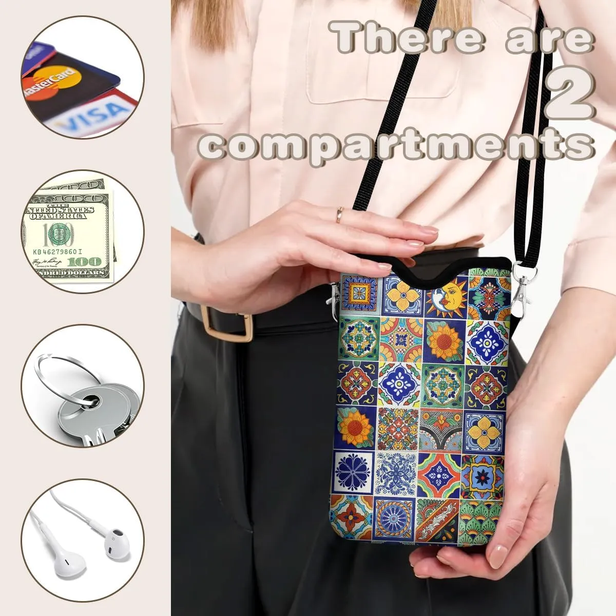 Universal Phone Sleeve Pouch with Crossbody Strap 7.6 X 4.3 Inches Shockproof Water Resistant Mobile Protection Bag-Mexican Talavera Tile Neoprene Phone Pouch Bag