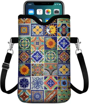 Universal Phone Sleeve Pouch with Crossbody Strap 7.6 X 4.3 Inches Shockproof Water Resistant Mobile Protection Bag-Mexican Talavera Tile Neoprene Phone Pouch Bag