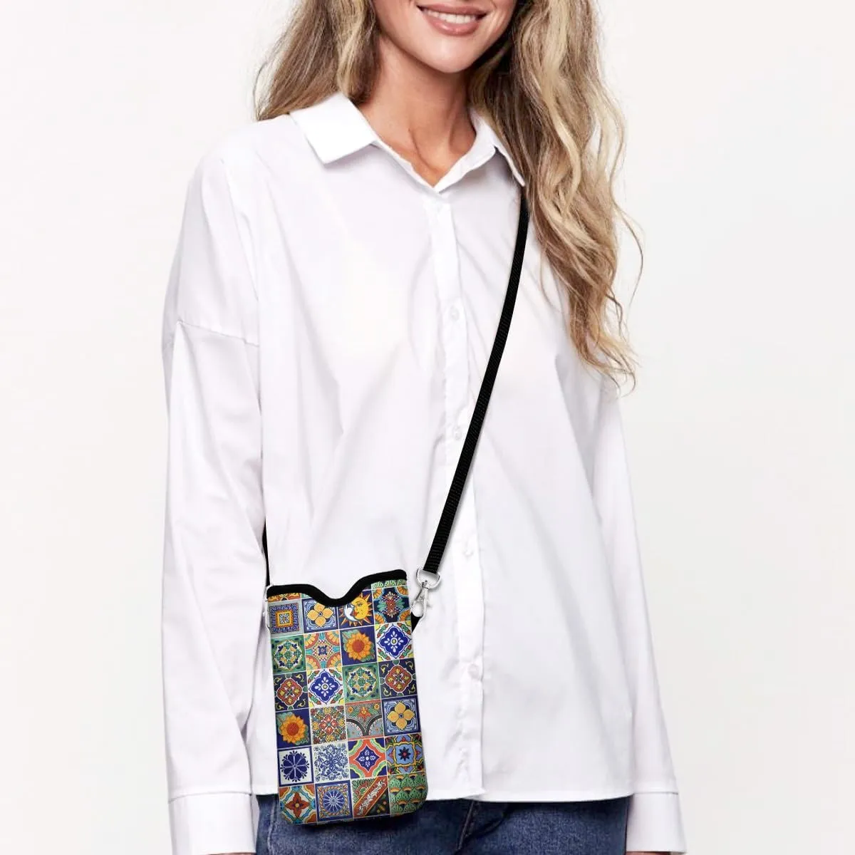 Universal Phone Sleeve Pouch with Crossbody Strap 7.6 X 4.3 Inches Shockproof Water Resistant Mobile Protection Bag-Mexican Talavera Tile Neoprene Phone Pouch Bag