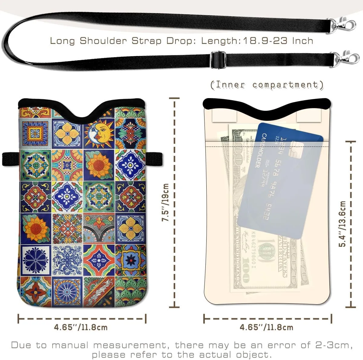 Universal Phone Sleeve Pouch with Crossbody Strap 7.6 X 4.3 Inches Shockproof Water Resistant Mobile Protection Bag-Mexican Talavera Tile Neoprene Phone Pouch Bag