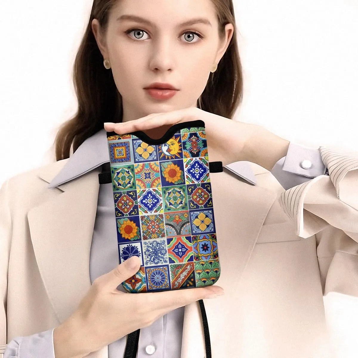 Universal Phone Sleeve Pouch with Crossbody Strap 7.6 X 4.3 Inches Shockproof Water Resistant Mobile Protection Bag-Mexican Talavera Tile Neoprene Phone Pouch Bag