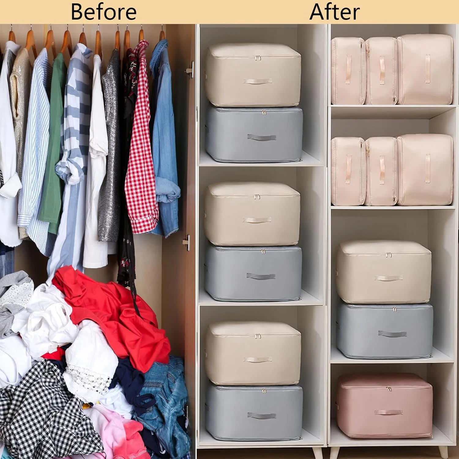 Upgraded Thickened 2 Pack Compression Bags for Storage,Ultra Space Saving Self Compression Organizer Bags,Sweater Organizer for Closet,Clothes Storage Bag (Beige,2 Pack,X-Large)