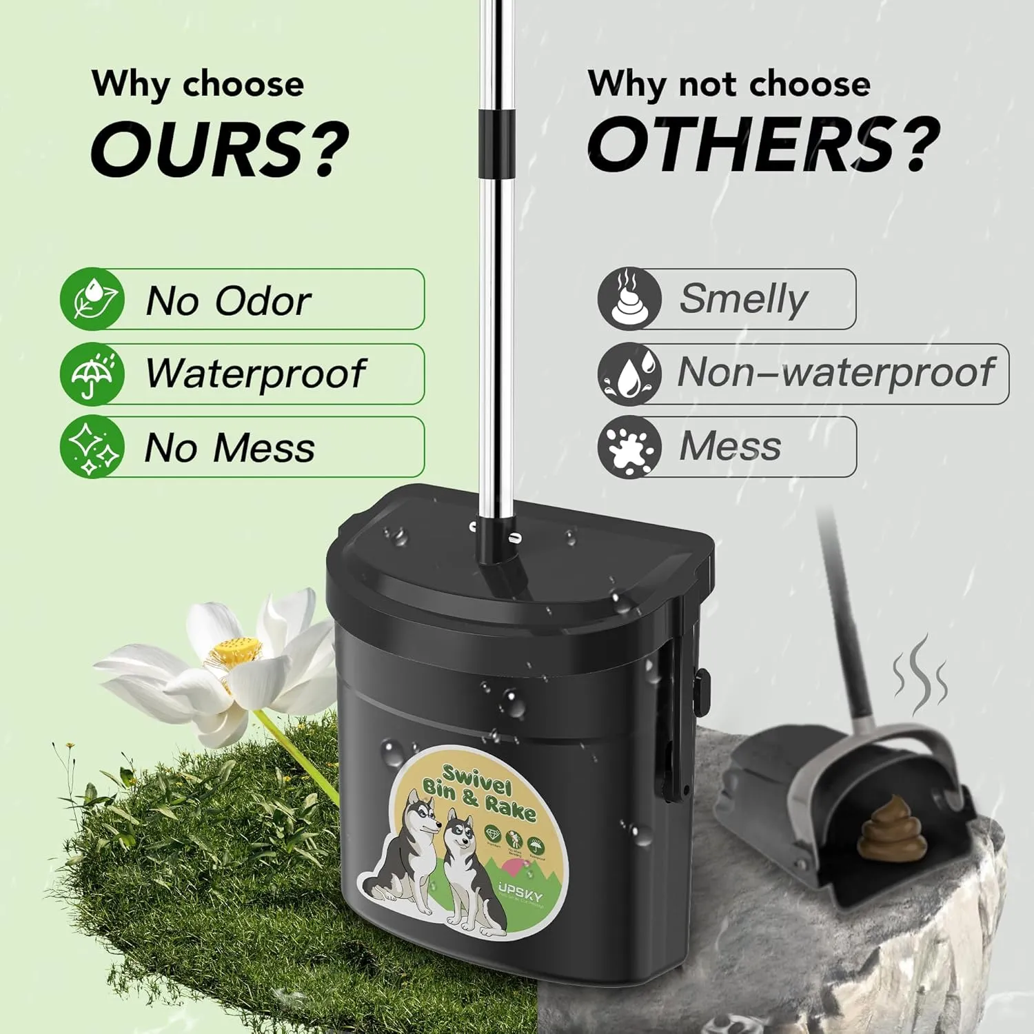 UPSKY Dog Pooper Scooper Swivel Bin & Rake Kit with 100 Waste Bags,33.4" Stainless Steel Long Handle Heavy Duty Pet Poop Shovel for Large Medium Small Dogs, Odor-Proof Lid for Yard/Lawn/Outdoor Use