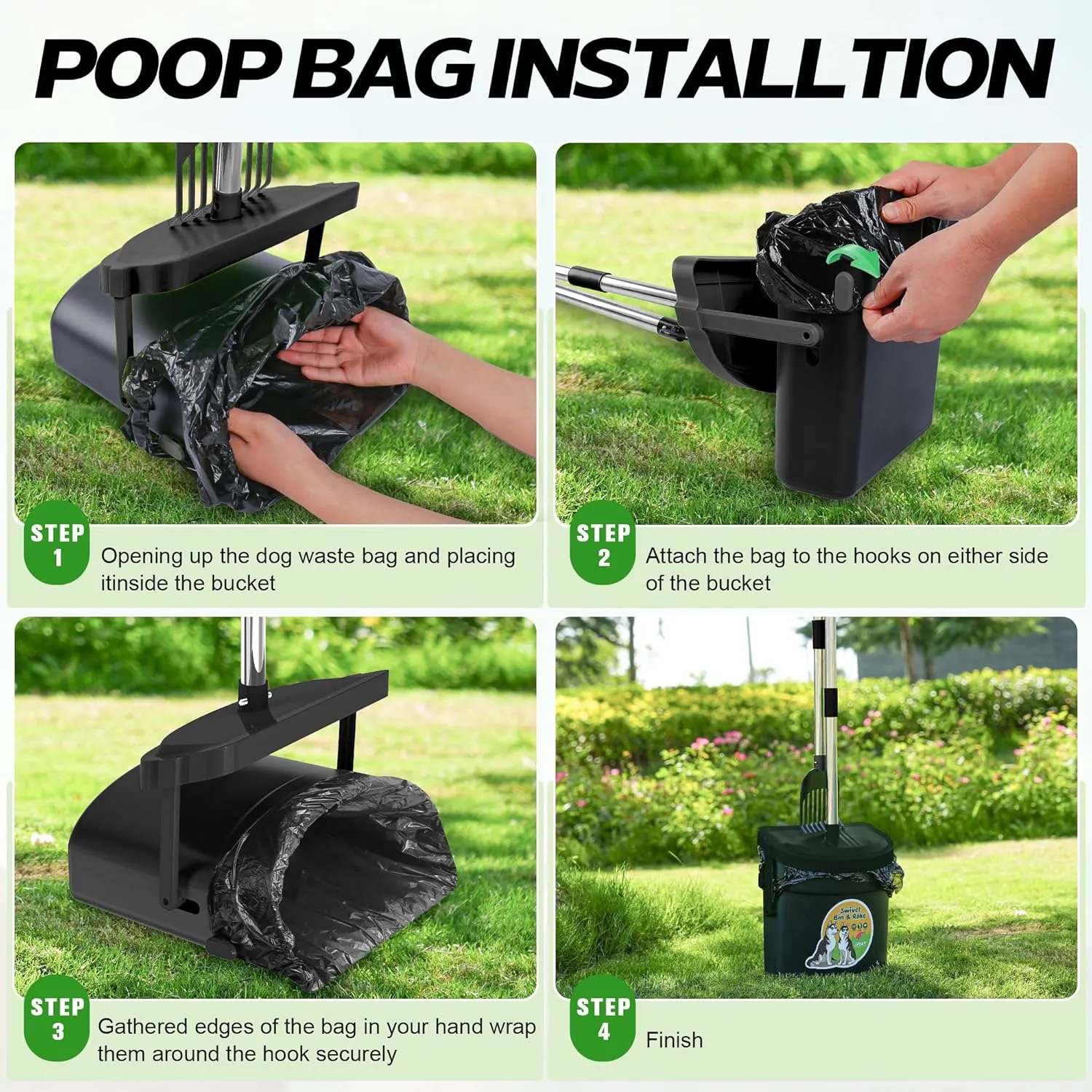 UPSKY Dog Pooper Scooper Swivel Bin & Rake Kit with 100 Waste Bags,33.4" Stainless Steel Long Handle Heavy Duty Pet Poop Shovel for Large Medium Small Dogs, Odor-Proof Lid for Yard/Lawn/Outdoor Use