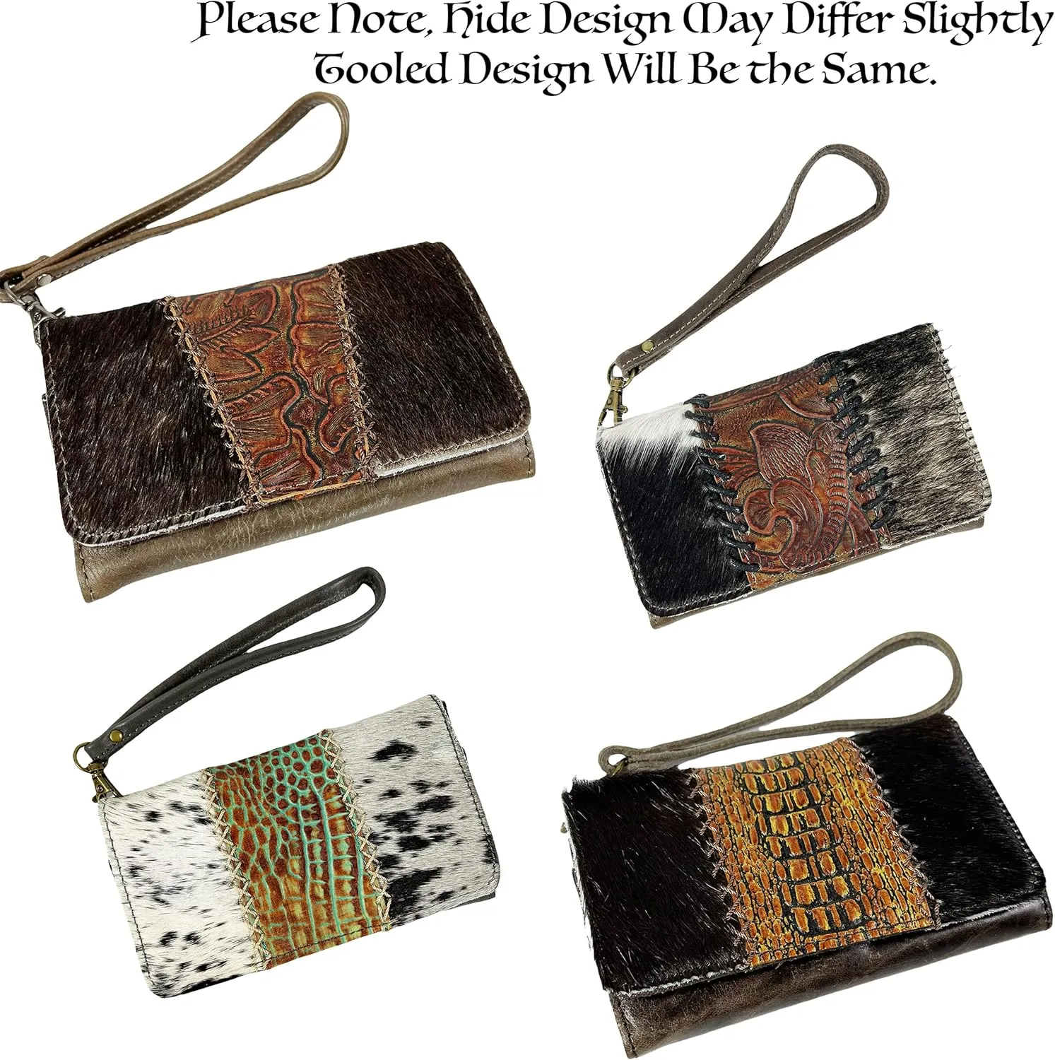 Urbalabs Cowhair Genuine Leather Women Western Wallets Clutch Bag Leather Fringe Purse Cell Phone Holder Pouch Tooled Wallet For Women Cowgirl Small Clutch Hand Stitched (Light Brown Studded)
