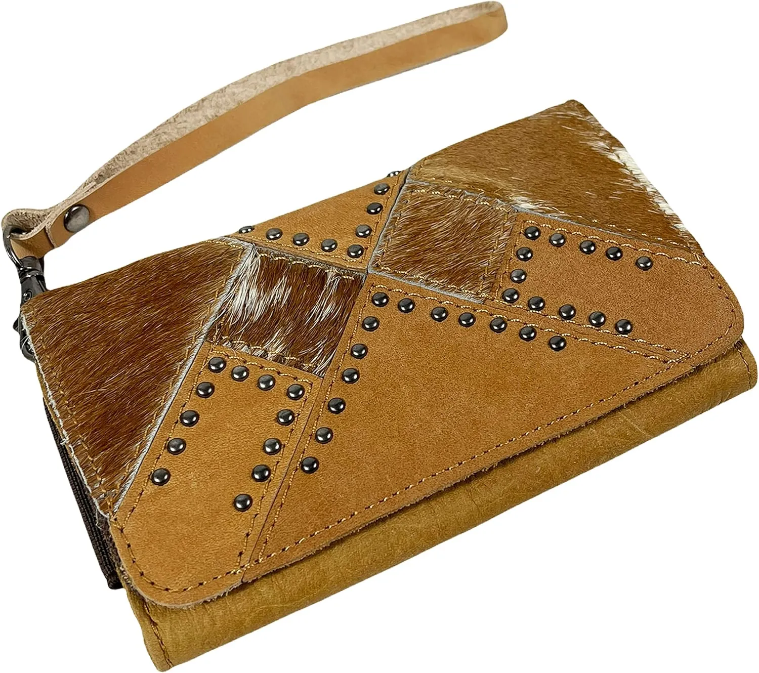 Urbalabs Cowhair Genuine Leather Women Western Wallets Clutch Bag Leather Fringe Purse Cell Phone Holder Pouch Tooled Wallet For Women Cowgirl Small Clutch Hand Stitched (Light Brown Studded)