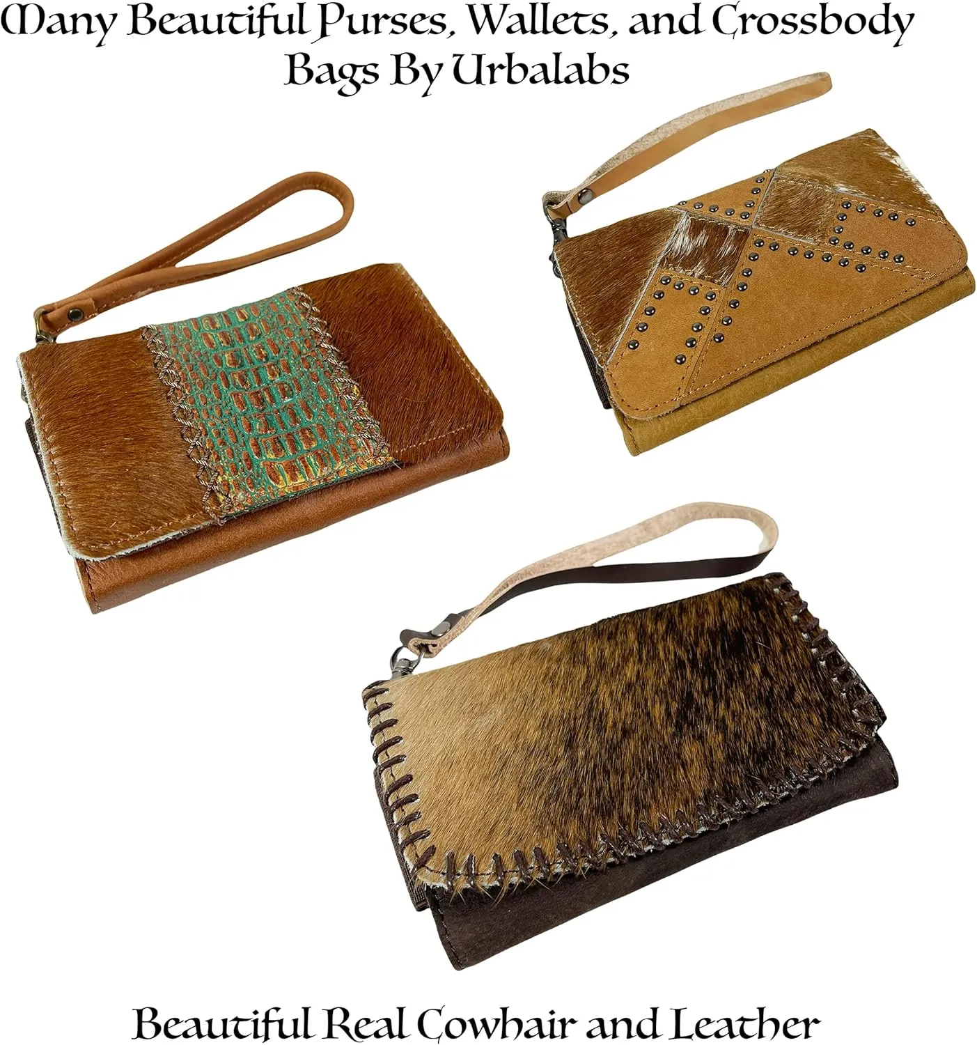 Urbalabs Cowhair Genuine Leather Women Western Wallets Clutch Bag Leather Fringe Purse Cell Phone Holder Pouch Tooled Wallet For Women Cowgirl Small Clutch Hand Stitched (Light Brown Studded)