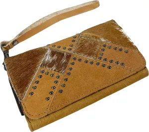 Urbalabs Cowhair Genuine Leather Women Western Wallets Clutch Bag Leather Fringe Purse Cell Phone Holder Pouch Tooled Wallet For Women Cowgirl Small Clutch Hand Stitched (Light Brown Studded)