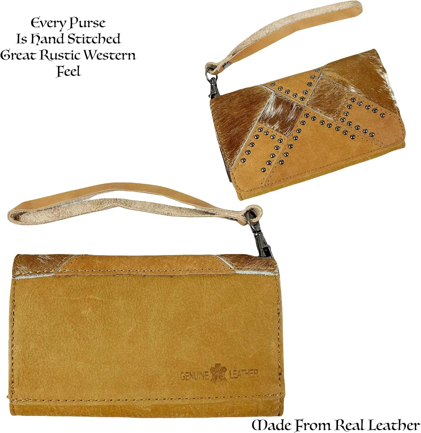 Urbalabs Cowhair Genuine Leather Women Western Wallets Clutch Bag Leather Fringe Purse Cell Phone Holder Pouch Tooled Wallet For Women Cowgirl Small Clutch Hand Stitched (Light Brown Studded)