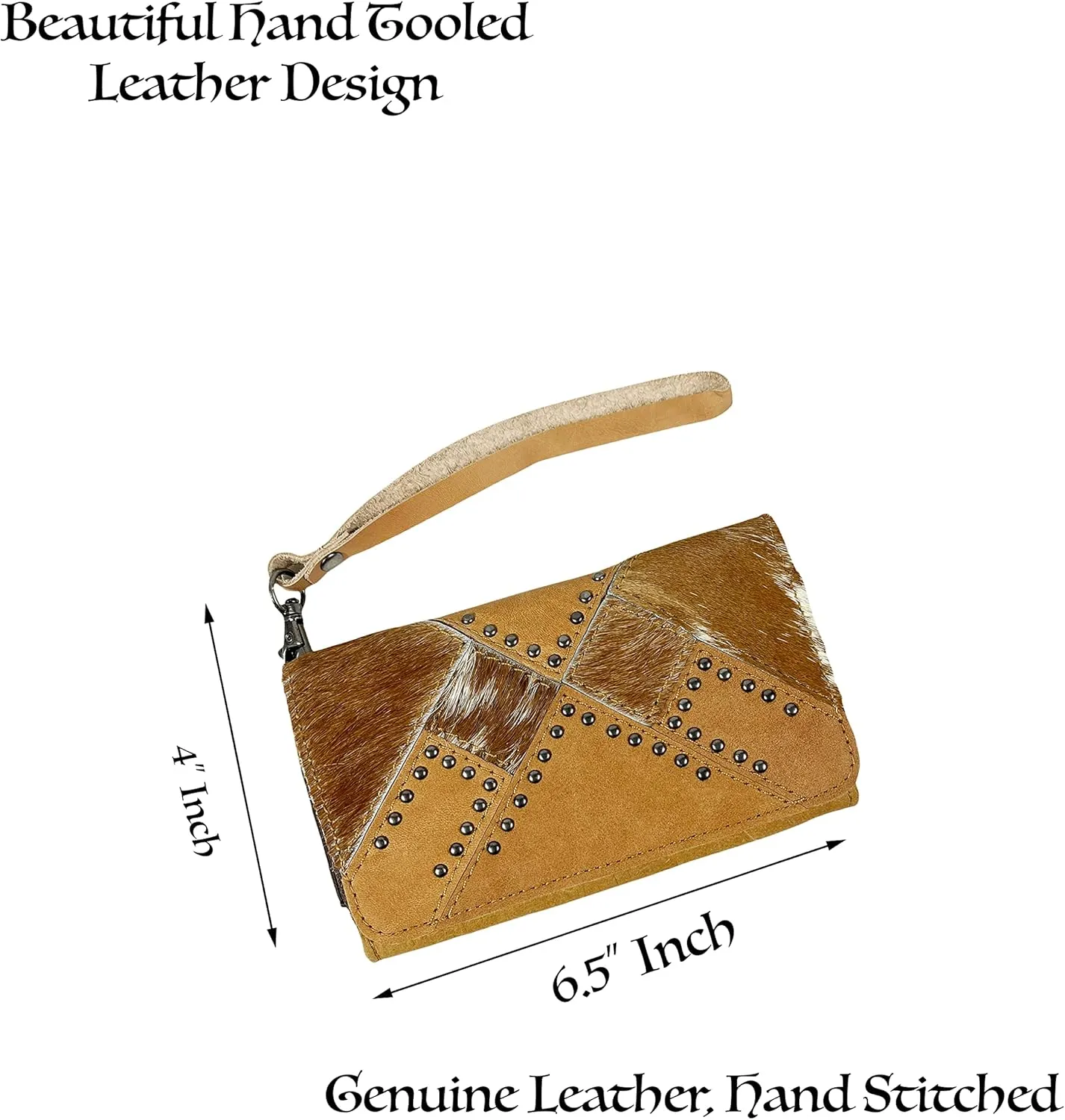 Urbalabs Cowhair Genuine Leather Women Western Wallets Clutch Bag Leather Fringe Purse Cell Phone Holder Pouch Tooled Wallet For Women Cowgirl Small Clutch Hand Stitched (Light Brown Studded)