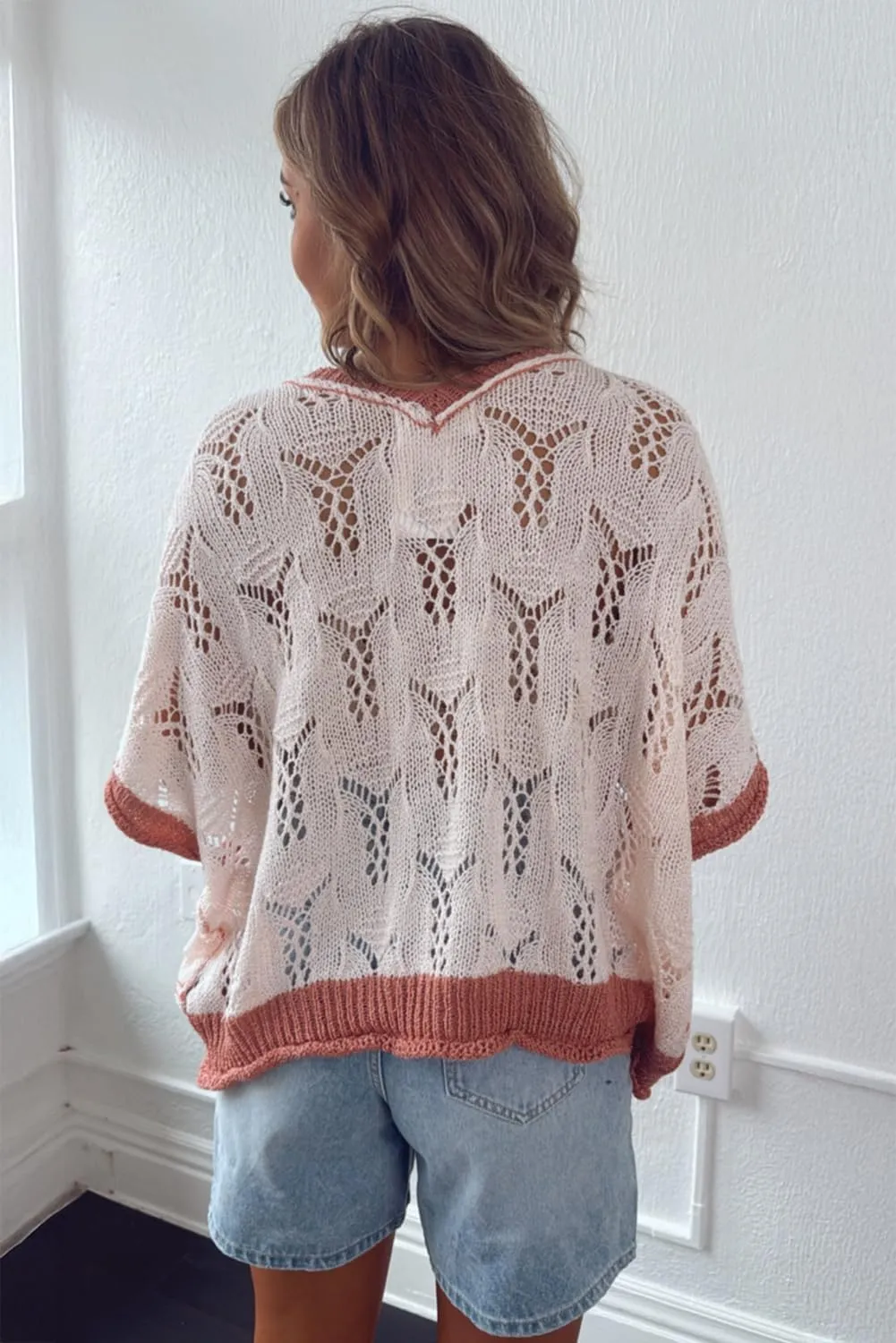 Urchics Womans Casual Sweater Delicacy Embroidered Flowers Colorblock Edge Hollowed Sweater
