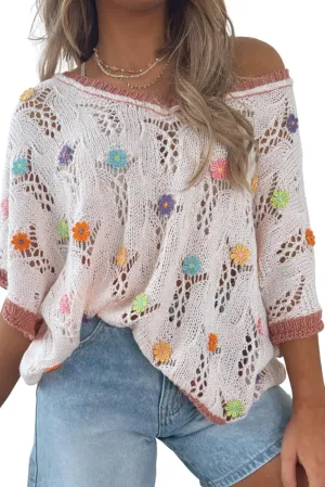 Urchics Womans Casual Sweater Delicacy Embroidered Flowers Colorblock Edge Hollowed Sweater