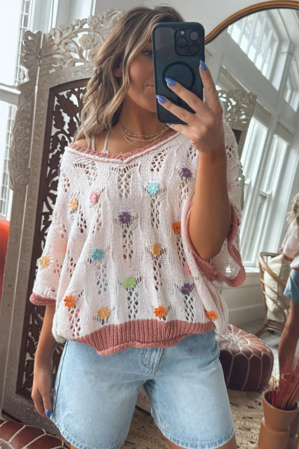 Urchics Womans Casual Sweater Delicacy Embroidered Flowers Colorblock Edge Hollowed Sweater