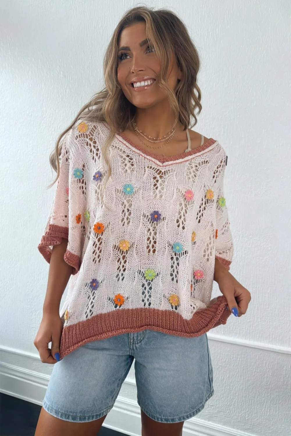 Urchics Womans Casual Sweater Delicacy Embroidered Flowers Colorblock Edge Hollowed Sweater