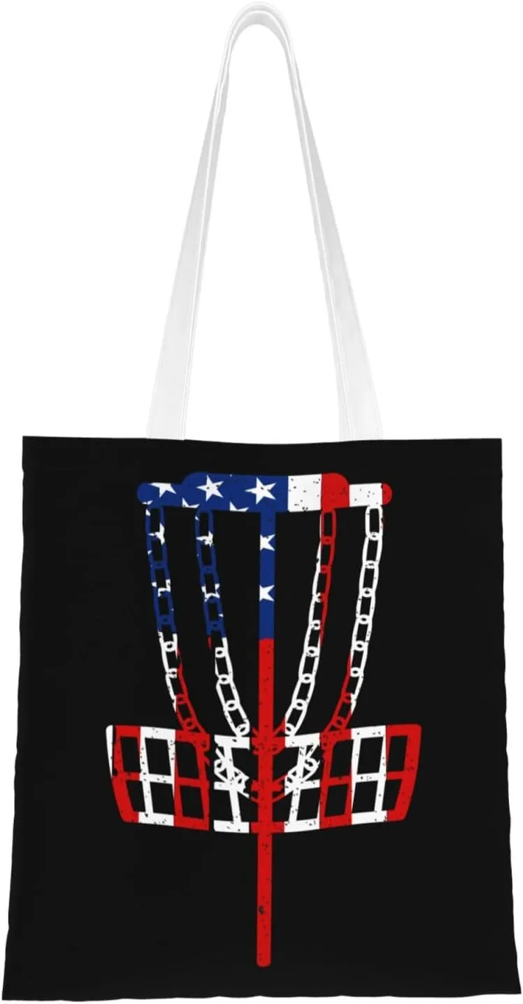 Usa Flag Disc Golf Tote Bag for Women Canvas Shopping Bags Reusable Large Capacity Casual Shoulder Handbags Grocery Bags DIY Gift Bags