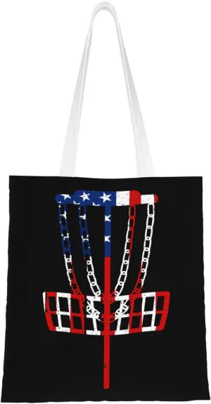 Usa Flag Disc Golf Tote Bag for Women Canvas Shopping Bags Reusable Large Capacity Casual Shoulder Handbags Grocery Bags DIY Gift Bags