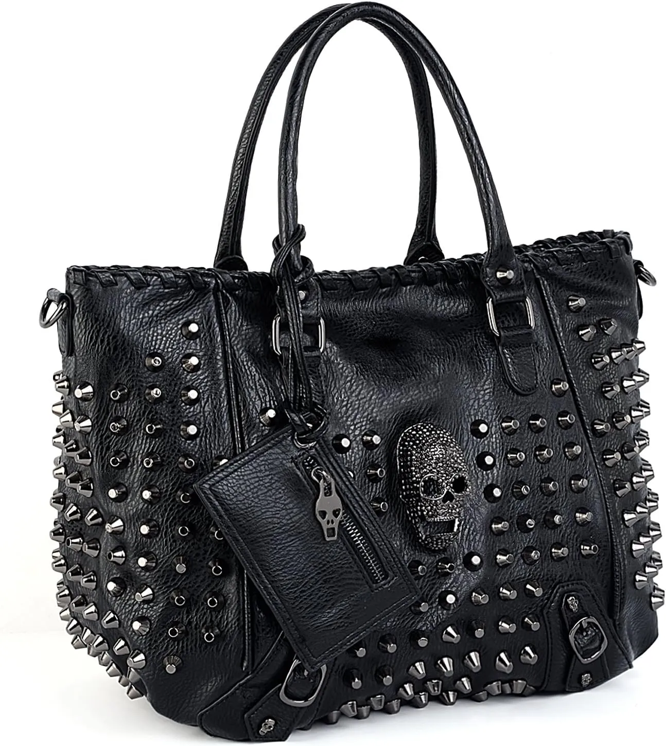 UTO Women Skull Tote Bag Rivet Studded Handbag PU Leather Purse Shoulder Bags 2 Pcs Wallet Strap A Black 382