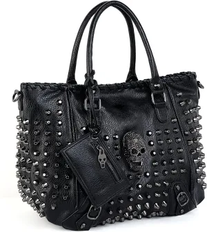 UTO Women Skull Tote Bag Rivet Studded Handbag PU Leather Purse Shoulder Bags 2 Pcs Wallet Strap A Black 382