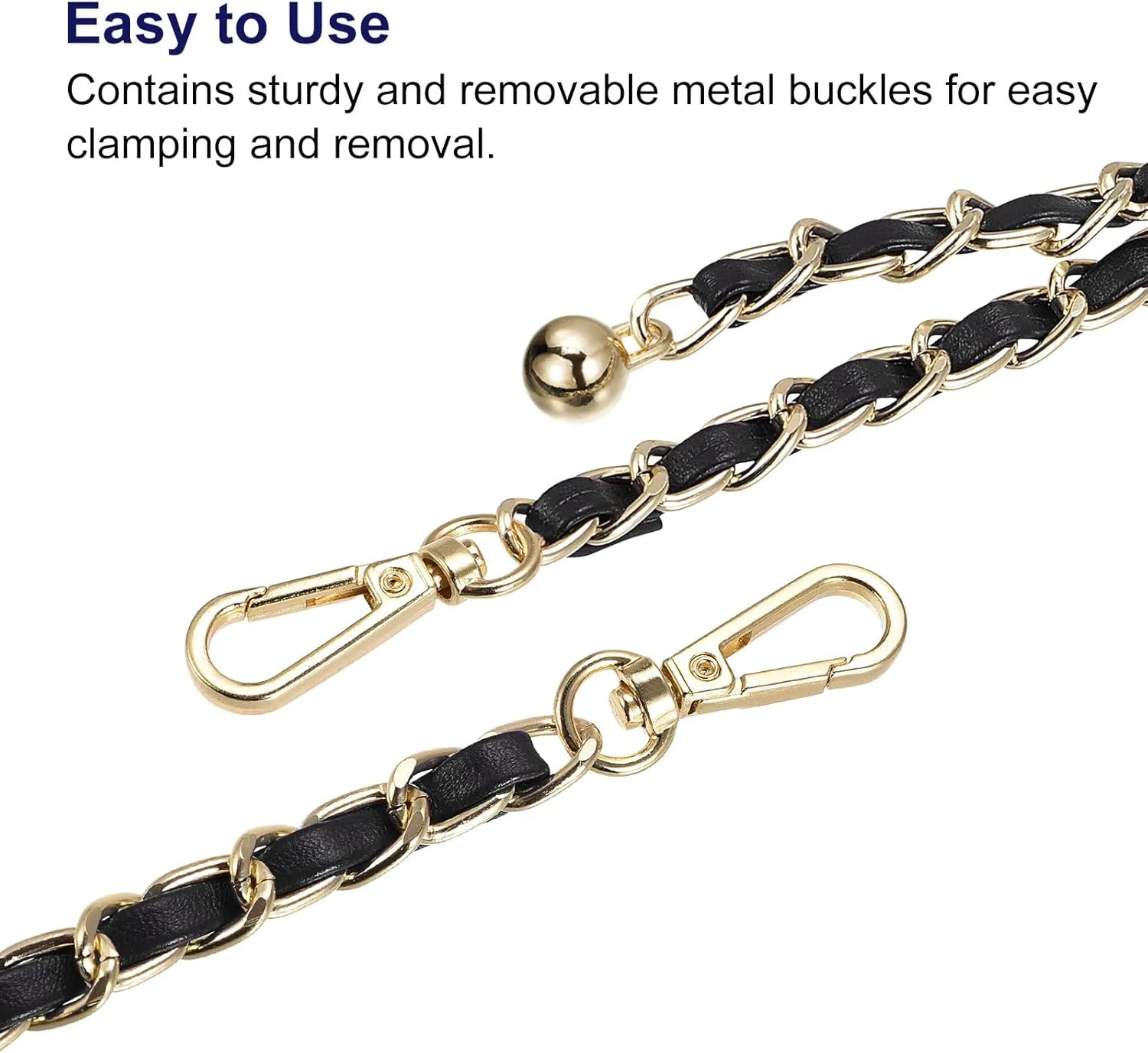 uxcell Purse Chain Strap, 47 Inch Leather Iron Chain Strap Adjustable Handbag Chains Shoulder Cross Body Replacement for Wallets Clutch Bags Black/Gold Tone