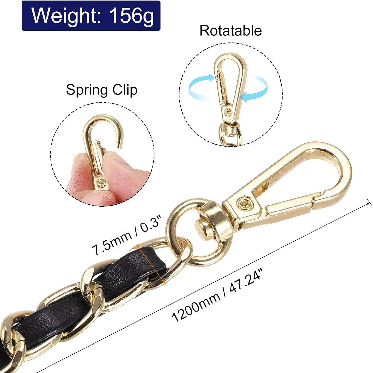 uxcell Purse Chain Strap, 47 Inch Leather Iron Chain Strap Adjustable Handbag Chains Shoulder Cross Body Replacement for Wallets Clutch Bags Black/Gold Tone