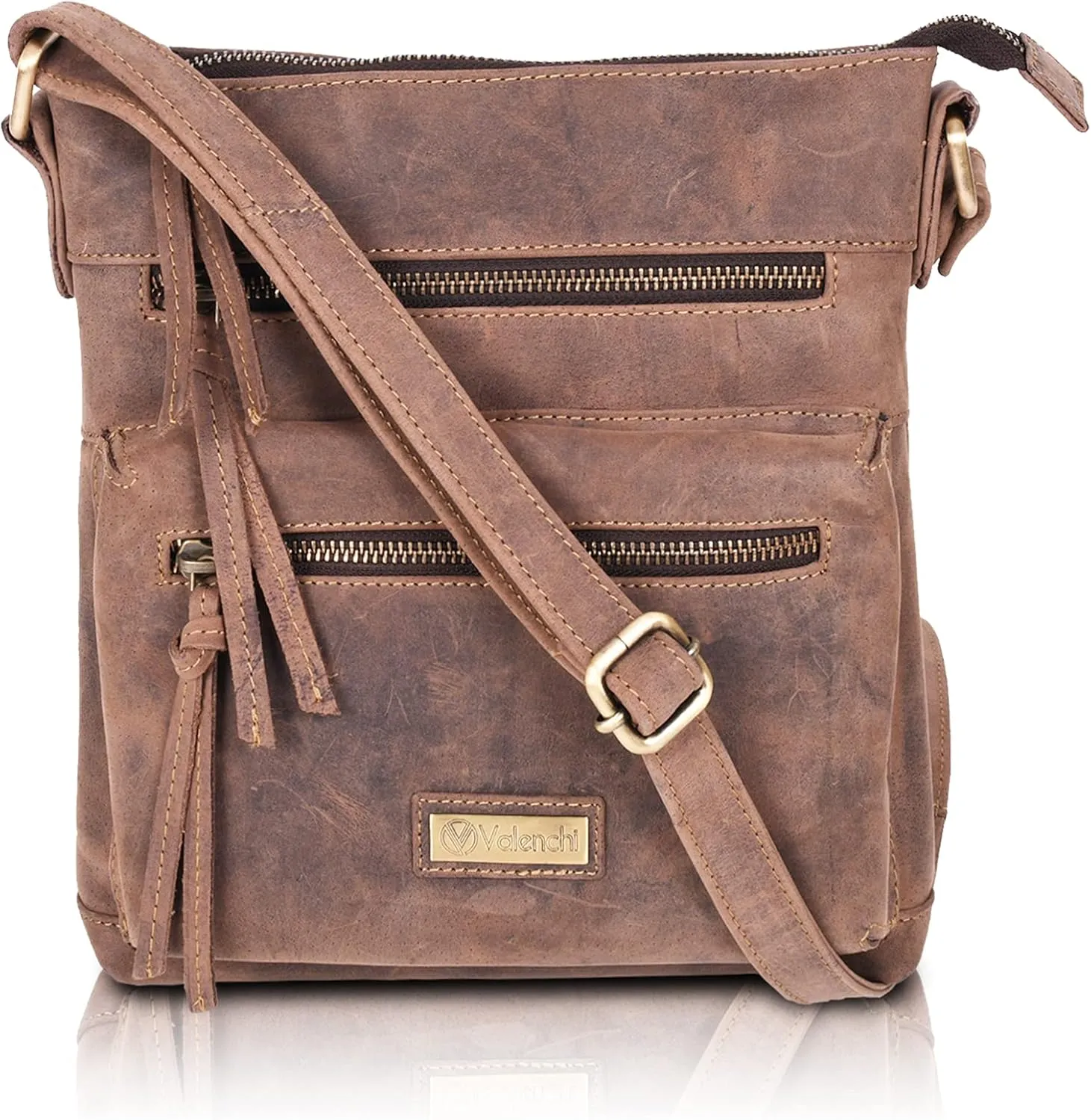 VALENCHI Genuine Leather Crossbody Bag with front Metal Zipper Pockets and long handle - Handmade