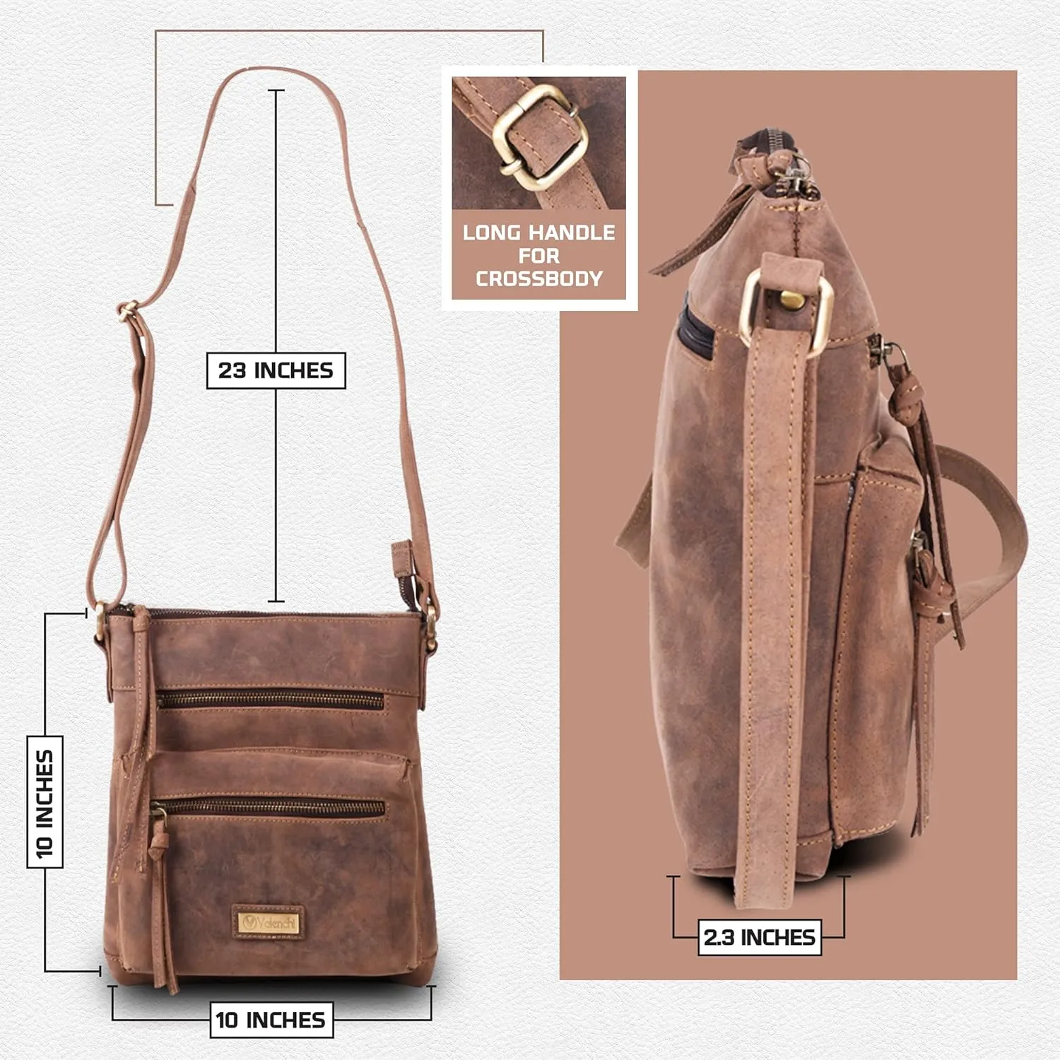 VALENCHI Genuine Leather Crossbody Bag with front Metal Zipper Pockets and long handle - Handmade