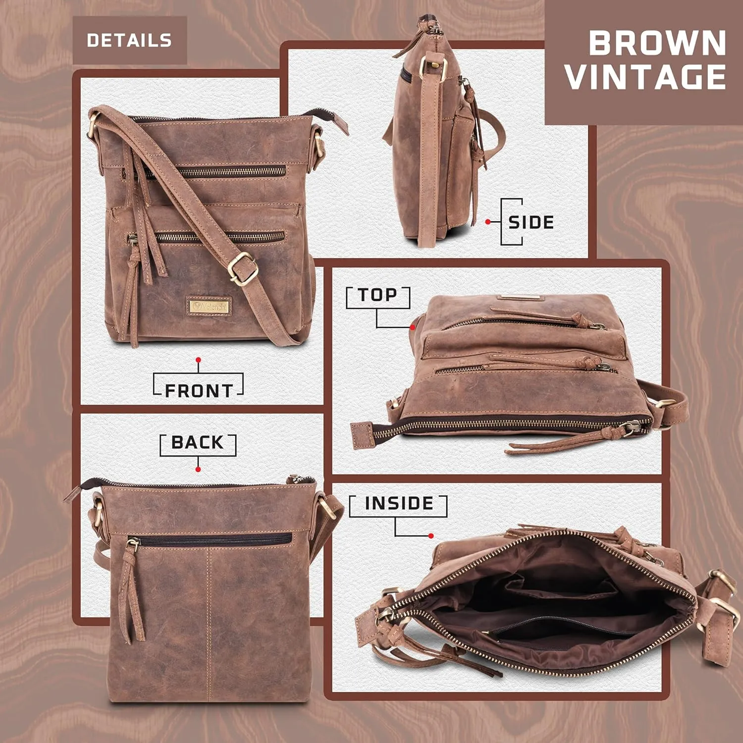 VALENCHI Genuine Leather Crossbody Bag with front Metal Zipper Pockets and long handle - Handmade