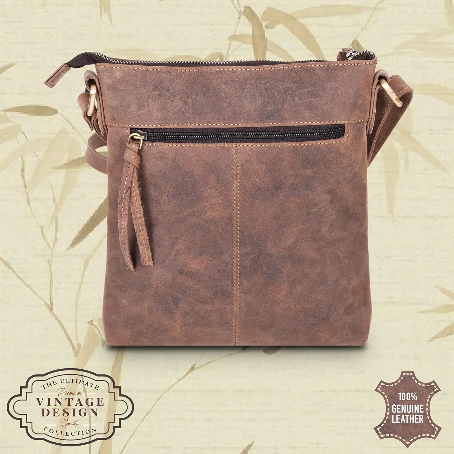 VALENCHI Genuine Leather Crossbody Bag with front Metal Zipper Pockets and long handle - Handmade