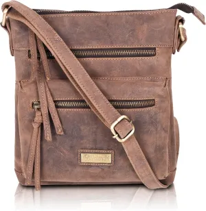 VALENCHI Genuine Leather Crossbody Bag with front Metal Zipper Pockets and long handle - Handmade