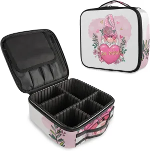 Valentine Be Mine Pink Gnome with Pink Heart, Flowers and Green Leaves Women's Portable Makeup Bags with Handle, Adjustable Dividers, Travel Cosmetic Toiletry Accessories Storage Organizer for Girls