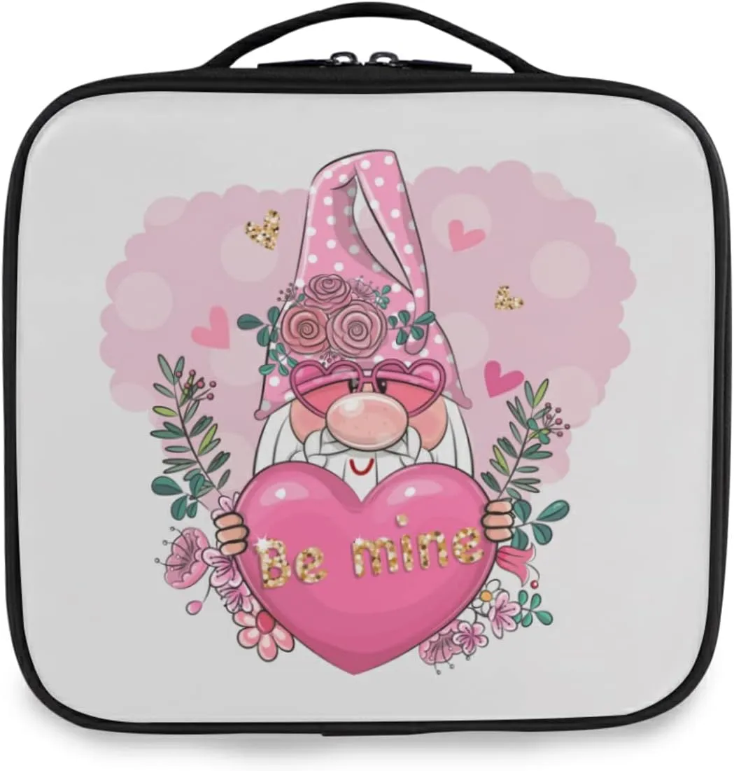 Valentine Be Mine Pink Gnome with Pink Heart, Flowers and Green Leaves Women's Portable Makeup Bags with Handle, Adjustable Dividers, Travel Cosmetic Toiletry Accessories Storage Organizer for Girls