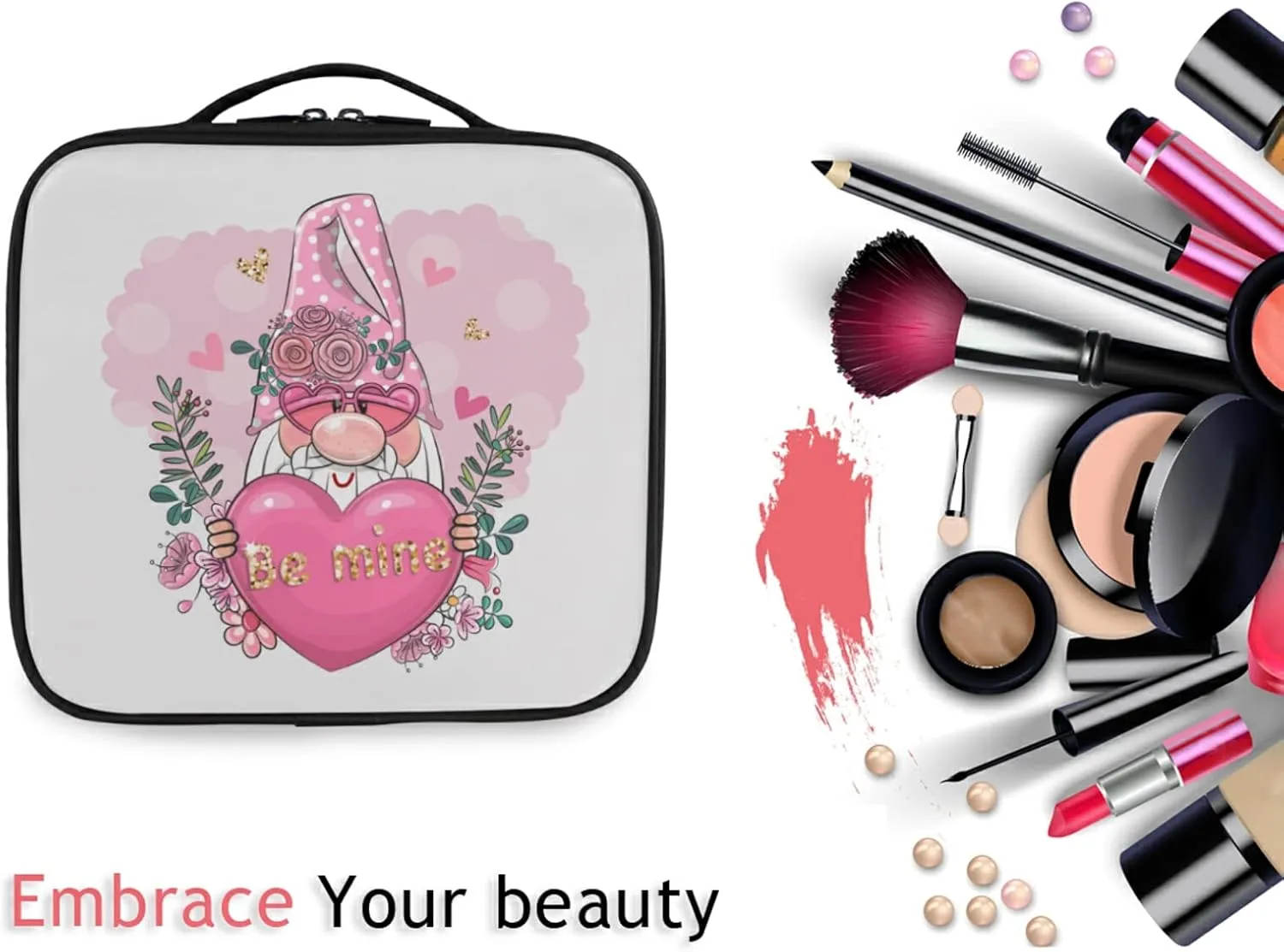 Valentine Be Mine Pink Gnome with Pink Heart, Flowers and Green Leaves Women's Portable Makeup Bags with Handle, Adjustable Dividers, Travel Cosmetic Toiletry Accessories Storage Organizer for Girls