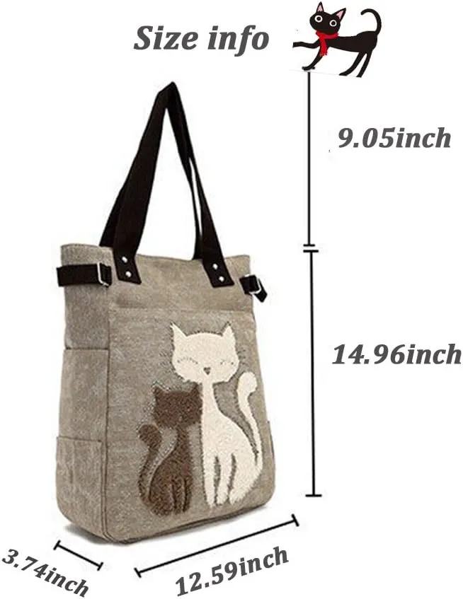 Valentoria Canvas Tote Handbag for Women Cute Cat Embroidery Shoulder Purse Large Zipper Travel Work Shopping Grocery Bags